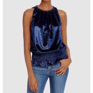 Ramy Brook Womens Blue Velvet Sleeveless Shimmer Pullover Blouse Top Size L $295